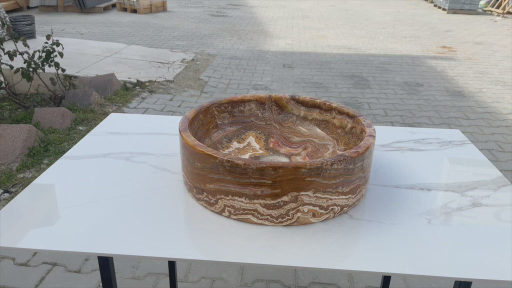 Brown onyx translucent natural stone vessel sink polished d16 h5 SKU EGEBOXPF165 360 view