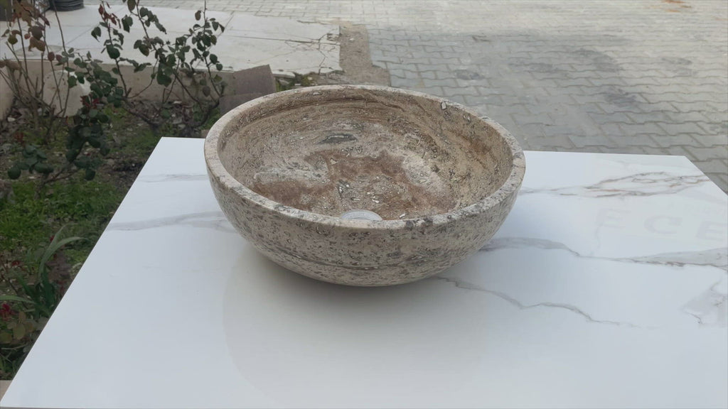 valencia beige travertine natural stone undermount vessel sink filled and polished SKU-EGEVUMP166 360 video
