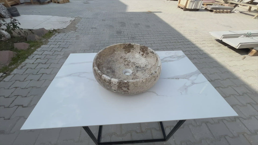 gobek valencia beige travertine natural stone vessel sink filled and polished SKU EGEVP166 Size (D)16" (H)6" video product
