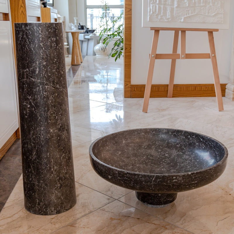 Black Marble Pedestal Round Sink Size (D)20" (H)33.5" SKU-NTRVS04 product shot 2 pieces view