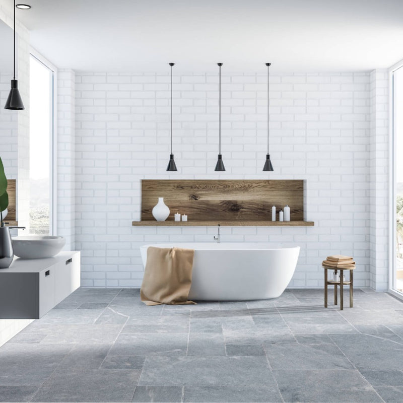 Bluestone French Pattern Marble Tile Brushed Soft Edge SKU-40040106 installed on bathroom floor