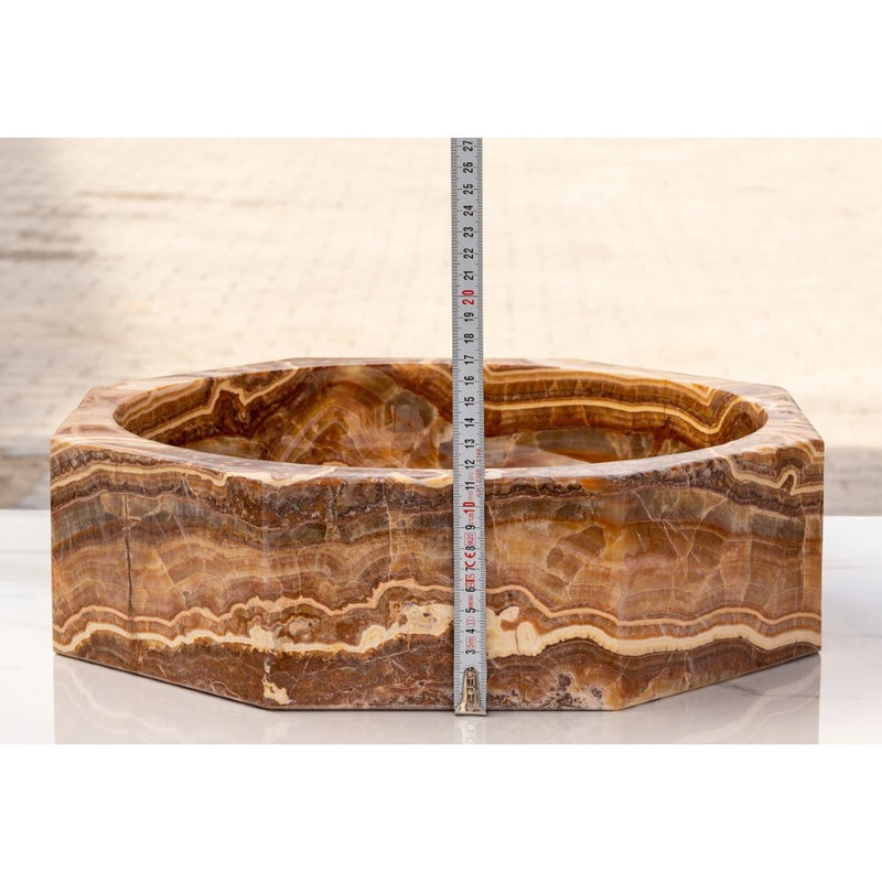 Brown Onyx Translucent Octagon Natural Stone Vessel Sink Polished D16 H5 SKU EGEBOXP165 height measure view