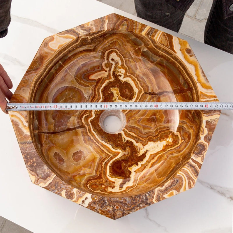 Brown Onyx Translucent Octagon Natural Stone Vessel Sink Polished D16 H5 SKU EGEBOXP165 top measure view