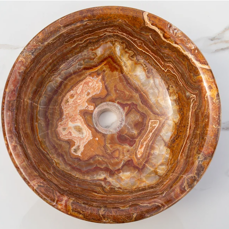 Brown onyx translucent natural stone drop-in vessel sink polished d16 h6 SKU EGEBOXP166 top view