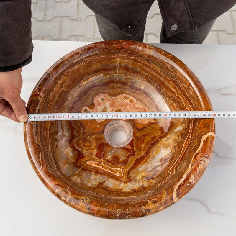 Brown onyx translucent natural stone drop-in vessel sink polished d16 h6 SKU EGEBOXP166 diameter measure view