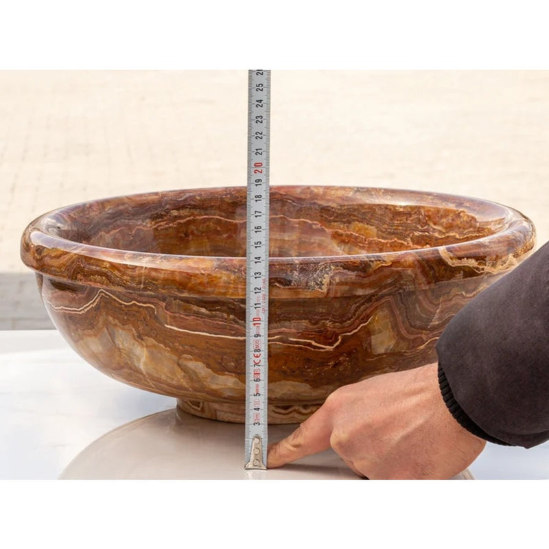 Brown onyx translucent natural stone drop-in vessel sink polished d16 h6 SKU EGEBOXP166 height measure view