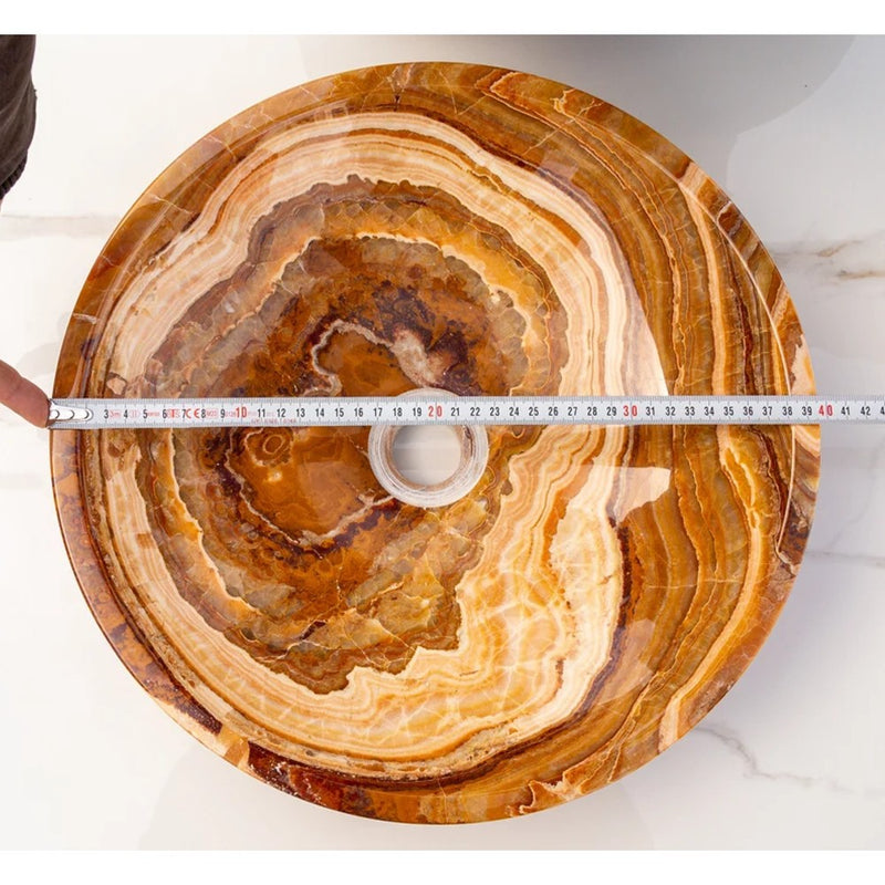 Brown onyx translucent natural stone vessel sink polished d16 h4 SKU EGEBOXPF164 top measure view