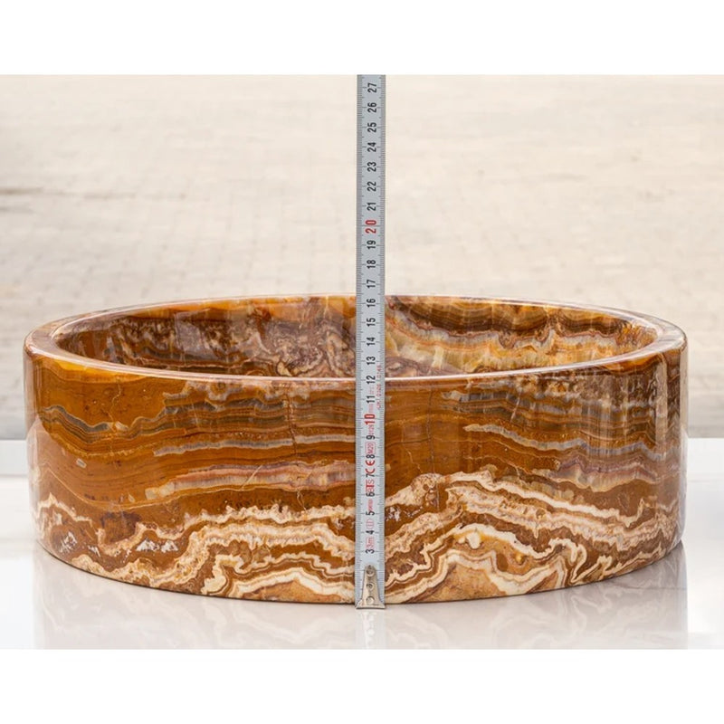 Brown onyx translucent natural stone vessel sink polished d16 h5 SKU EGEBOXPF165 height measure view