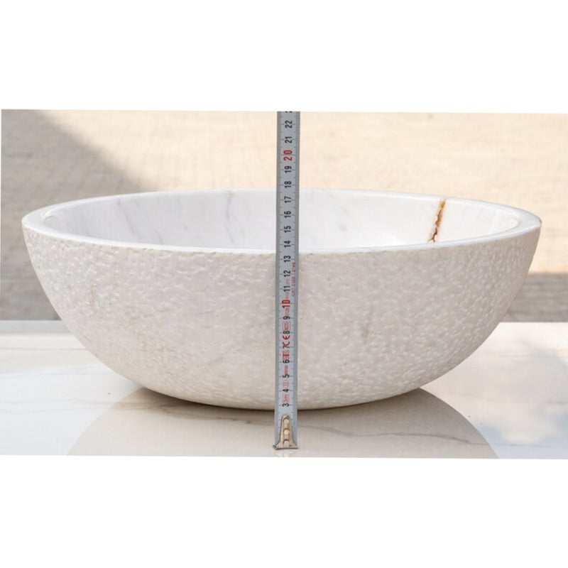 Calacatta white marble vessel sink polished and rough d16 h5 SKU EGECVP165 side measure view