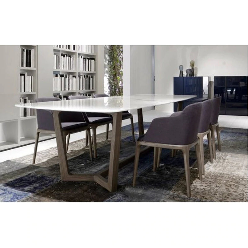 Carrara White genuine marble dinner table oval black wooden legs office meeting room shot