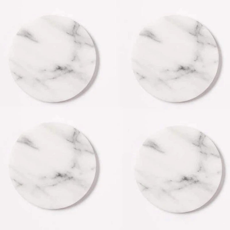 Carrara White genuine marble round coasters 4x4 polished set of 4 SKU-MSBCRC4SP product shot 