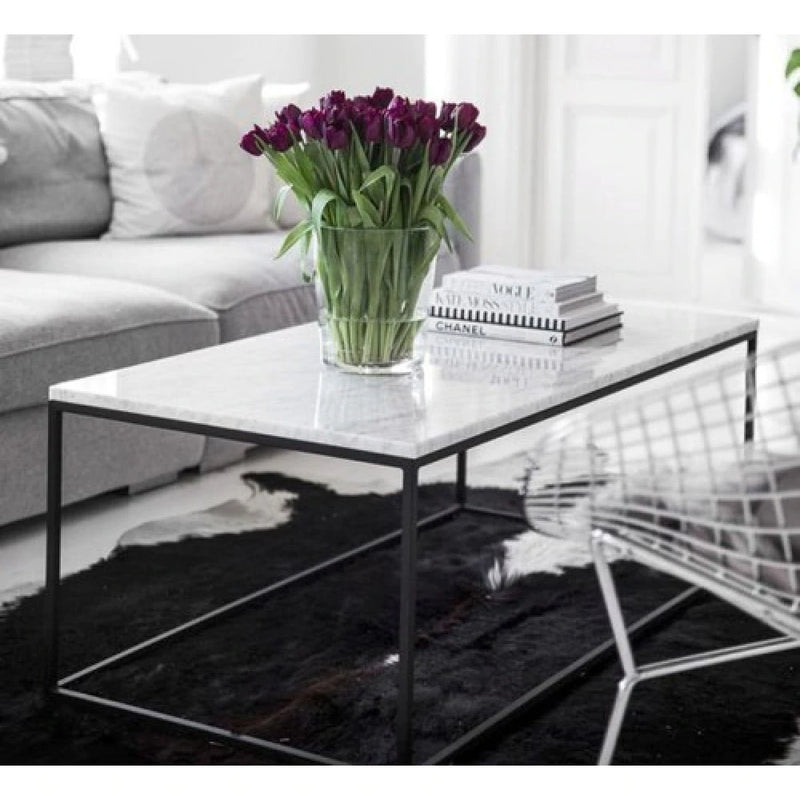 Carrara white marble coffee table 16x32 black paint legs SKU-MSCW24x48WP Room scene of coffee table