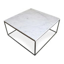 Carrara White marble coffee table 36x36 square black paint legs on white background