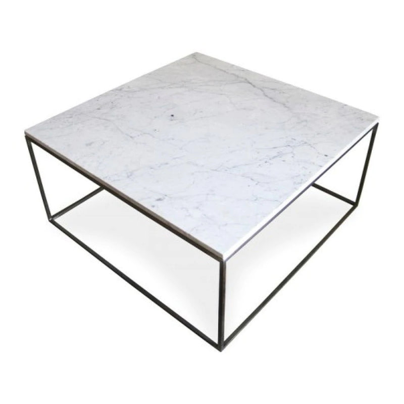 Carrara White marble coffee table 36x36 square black paint legs on white background
