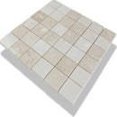 Crema marfil beige marble mosaic 2"x2" polished SKU-10083731 angle view of mesh