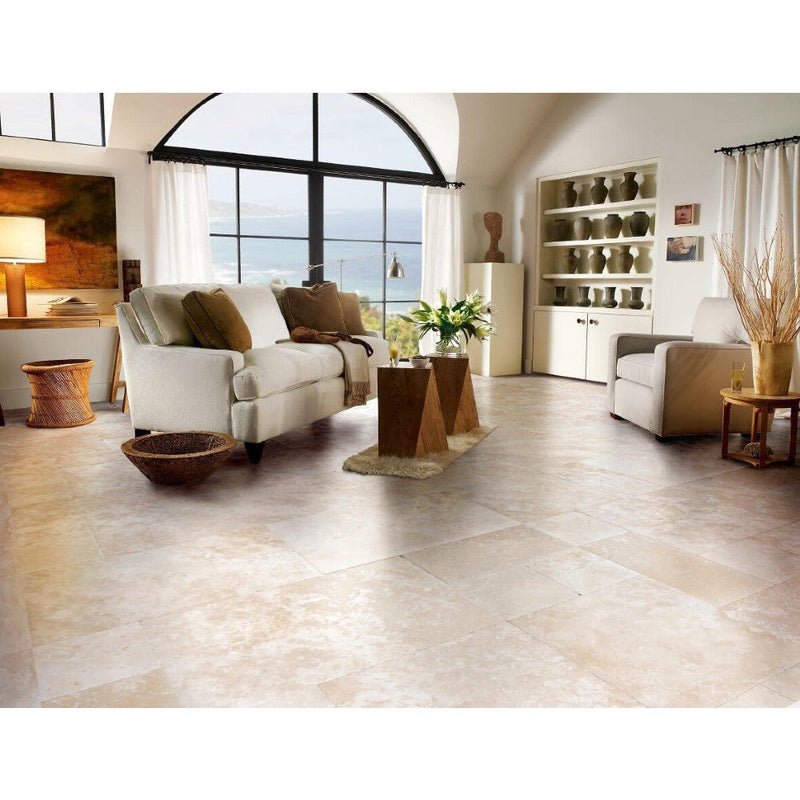 Denizli beige antique French pattern travertine tile size pattern set surface brushed chiseled SKU-10071438 installed on living room floor