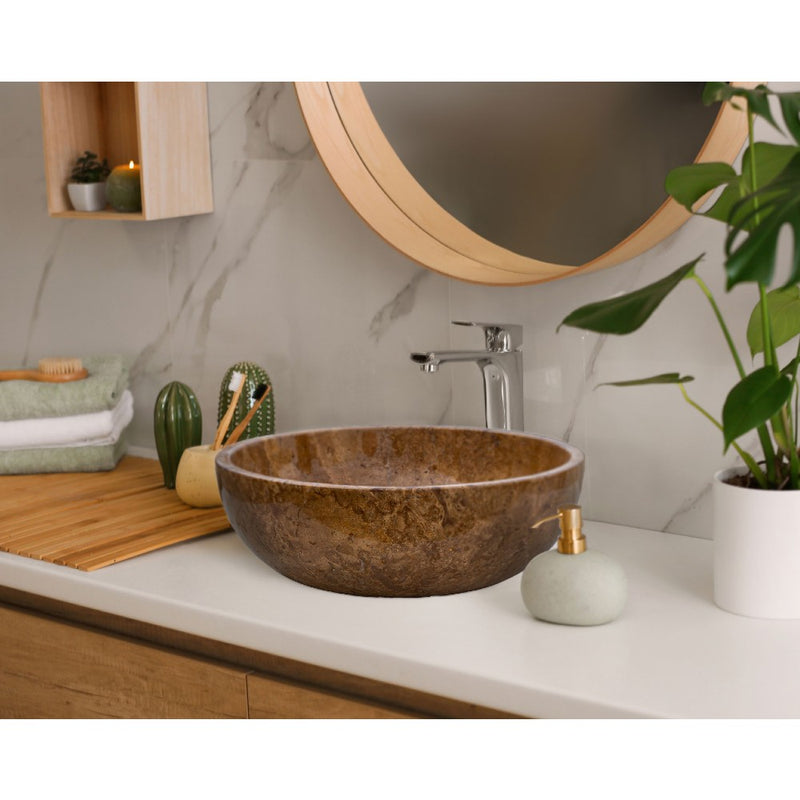Noce Brown Travertine Natural Stone Undermount Vessel Sink Filled and Polished (D)16" (H)6"