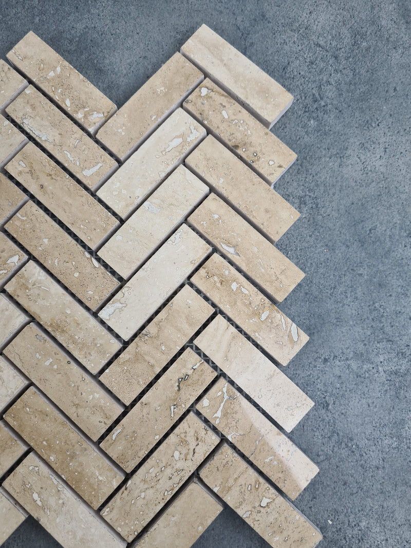 Patara Herringbone 12" x 12" Honed Travertine Mesh-Mounted Mosaic Tile, photo 3 of 6