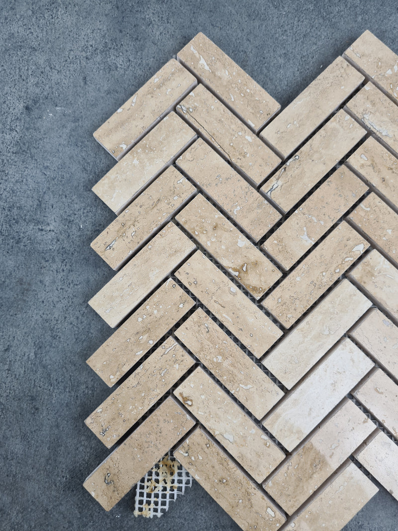 Patara Herringbone 12" x 12" Honed Travertine Mesh-Mounted Mosaic Tile, photo 4 of 6
