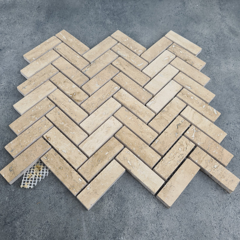 Patara Herringbone 12" x 12" Honed Travertine Mesh-Mounted Mosaic Tile, photo 5 of 6