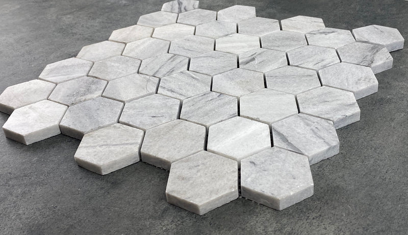 Solto White Marble 2" Hexagon on 12" x 12" Mesh Mosaic Tile