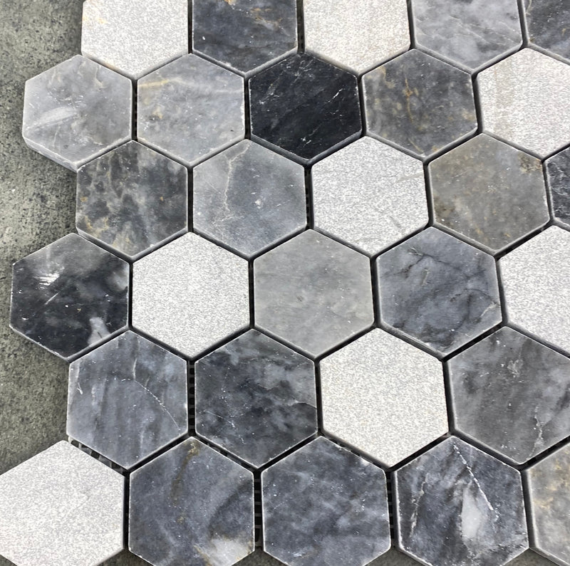 Luna Sky Marble 2" Hexagon Mixed Finish on 12" x 12" Mesh Mosaic Tile
