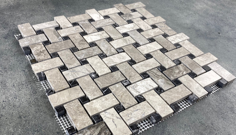 Silver Shadow Marble Basketweave Design on 12" x 12" Mesh Mosaic Tile