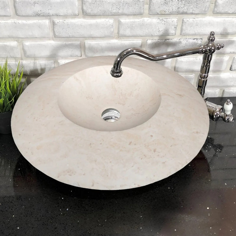 light travertine natural stone ufo shape sink honed and filled SKU NTRSTC17 Size (D)21" (H)6" installed on bathroom view