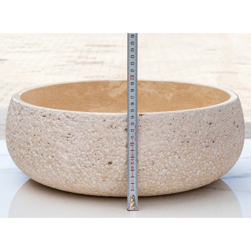 Light beige travertine vessel sink honed inside sandblasted outside size (D)16" (H)6" SKU-EGELBTR1662 height measure