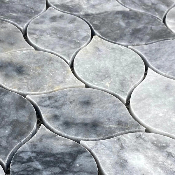 Luna sky marble mosaic leaf design on 12x12 mesh honed SKU-HSLSLEABMOSH Close view