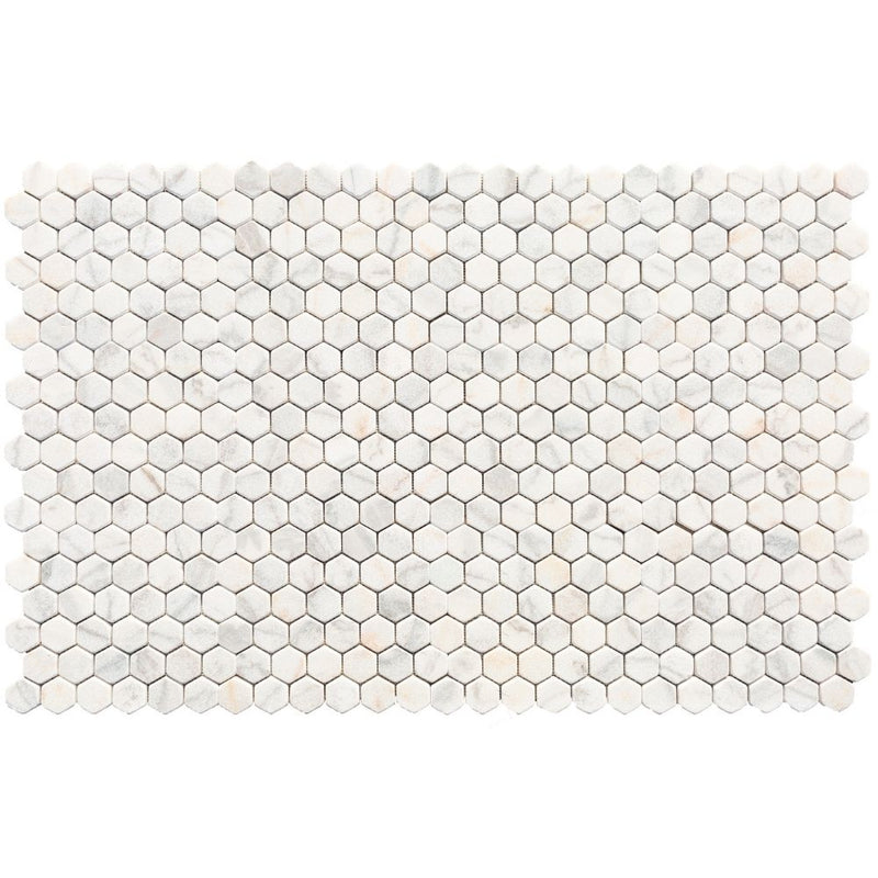 White Marble 2" Hexagon on 12" x 12" Mesh Mosaic Tile
