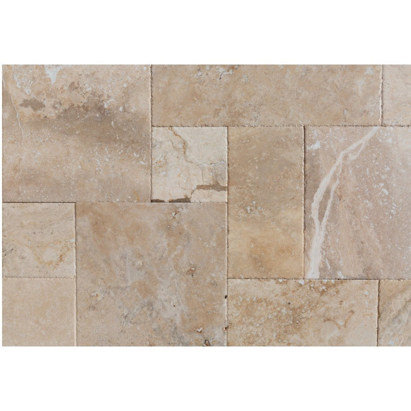 Mina rustic antique French pattern set travertine tile size pattern set surface brushed and chiseled SKU-10076469 top view of travertine tile