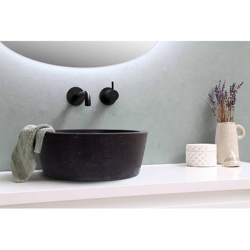 natural stone black andesite tapered sink honed matte SKU NTRSTC53 Size (D)16" (H)6" installed on bathroom above the counter