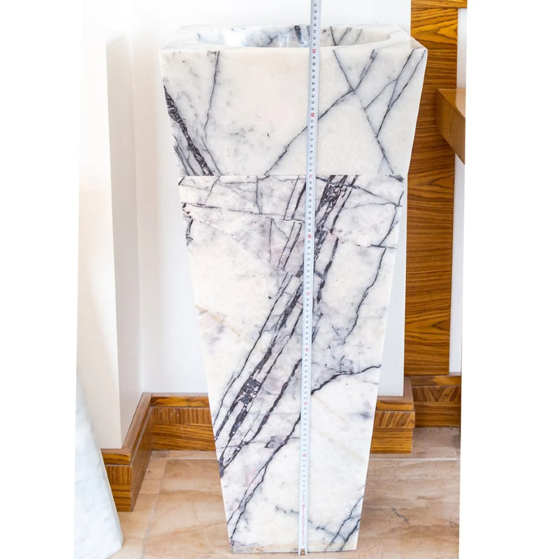 Natural Stone New York White Marble Pedestal Square Cone Shaped Sink Polished (W)16" (L)16" (H)36" SKU-NTRVS25 product shot front view total height measure