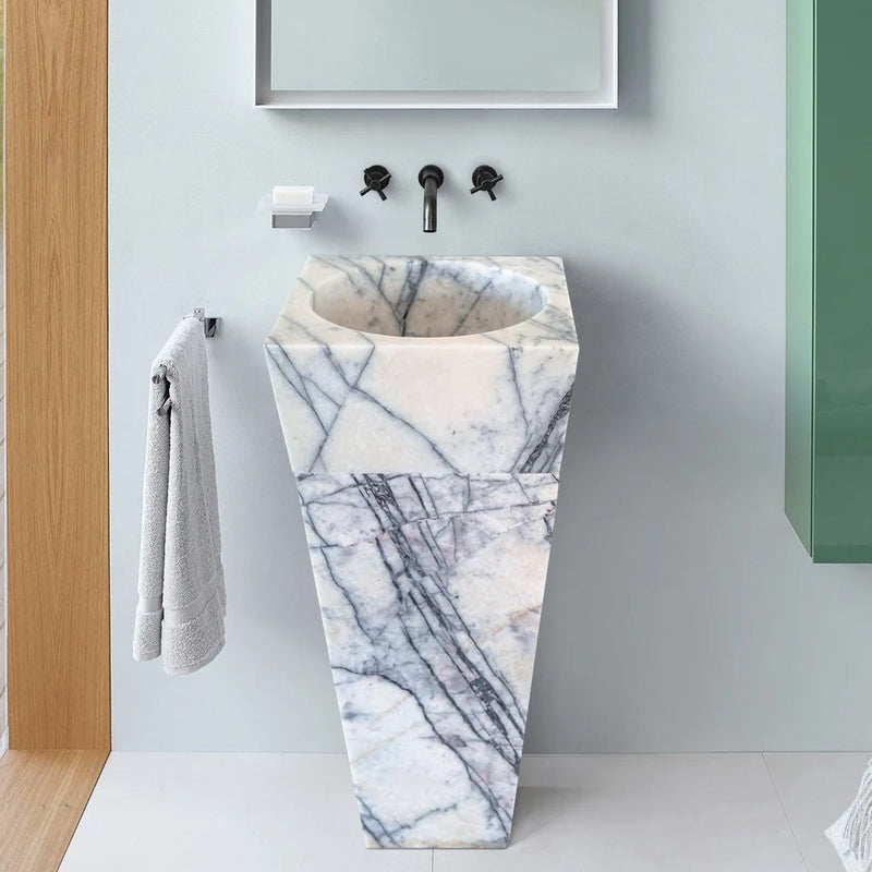Natural Stone New York White Marble Pedestal Square Cone Shaped Sink Polished (W)16" (L)16" (H)36" SKU-NTRVS25 installed on bathroom