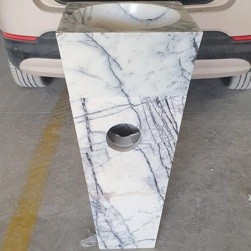 Natural Stone New York White Marble Pedestal Square Cone Shaped Sink Polished (W)16" (L)16" (H)36" SKU-NTRVS25 product shot back pipe picture