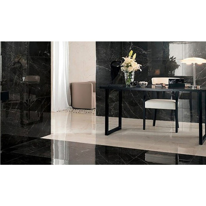 Nero Marquina Black Marble Tile Polished size 12x24 SKU-40102006 installed on dining room  floor and wall