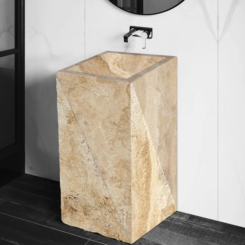 Noce Brown Travertine Pedestal Rectangular Prism Sink Honed  (W)14" (L)21.5" (H)33.5" SKU-NTRSTC45 installed on bathroom scene