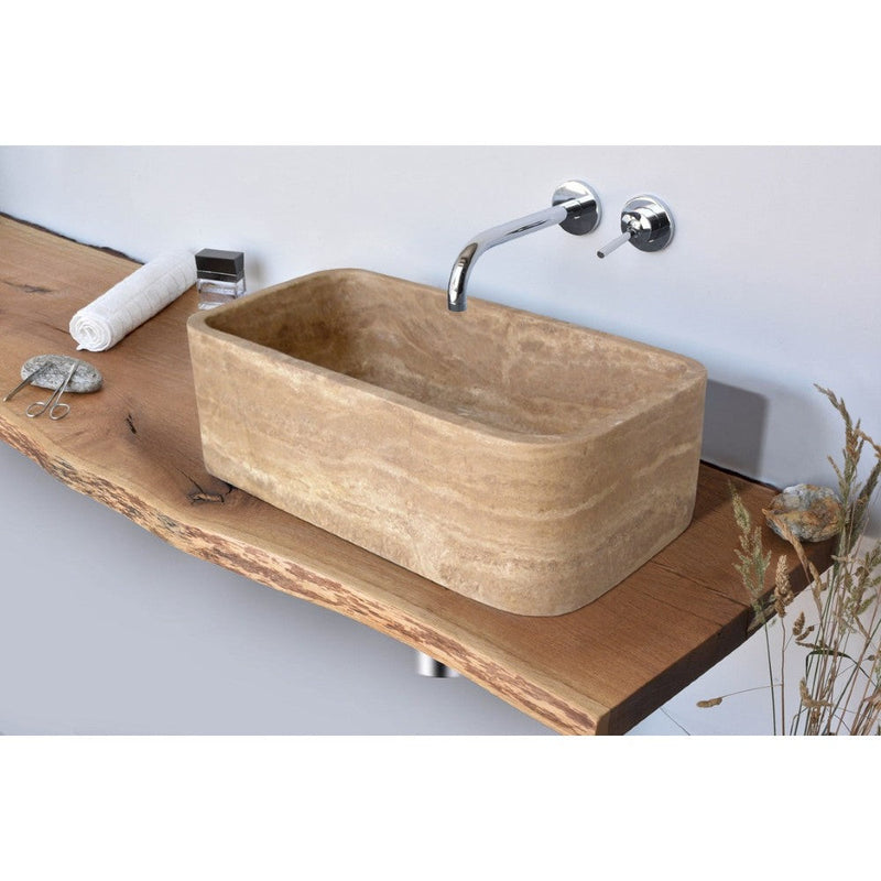 Noce brown travertine natural stone farmhouse apron kitchen sink surface honed filled size (W)18" (L)30" (H)10" SKU-NTRSTC51 installed on wooden counter 