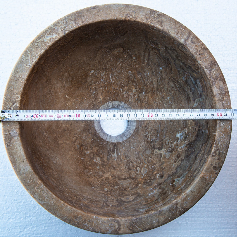 Noce brown travertine natural stone vessel sink surface honed filled size (D)12.5" (H)6" SKU-NTRSTC05 product shot top view diameter measure