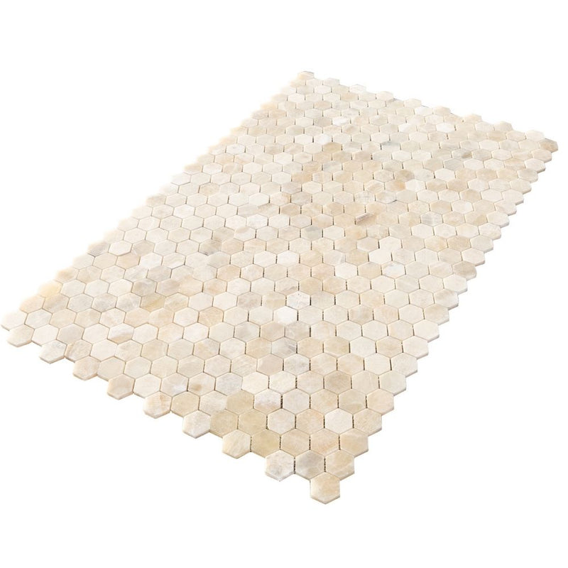 Onyx Beige Marble 2" Hexagon on 12" x 12" Mesh Mosaic Tile