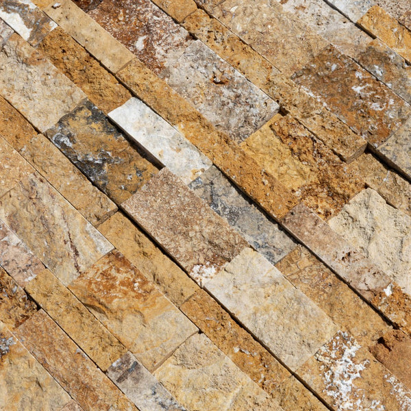 Scabos Travertine Split Face Stacked Stone Ledger Panels Warm Gold Yellow Texture