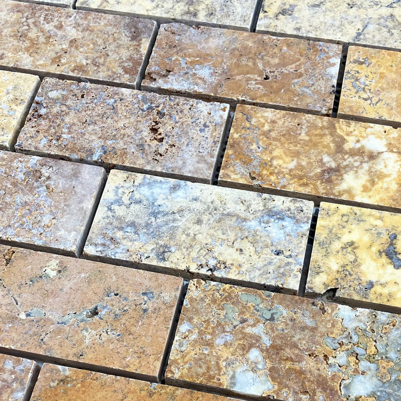 Scabos Travertine 2"x4" Brick Honed on 12" x 12" Mesh Mosaic Tile SKU-HSST2x4BMOSH close view