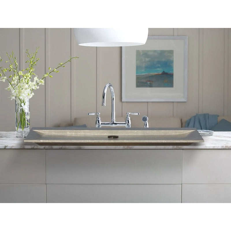 Seagrass Fossil Limestone Rectangular Vessel Sink Honed (W)16" (L)48" (H)2.5" SKU-NRSTC40 installed on kitchen above-counter