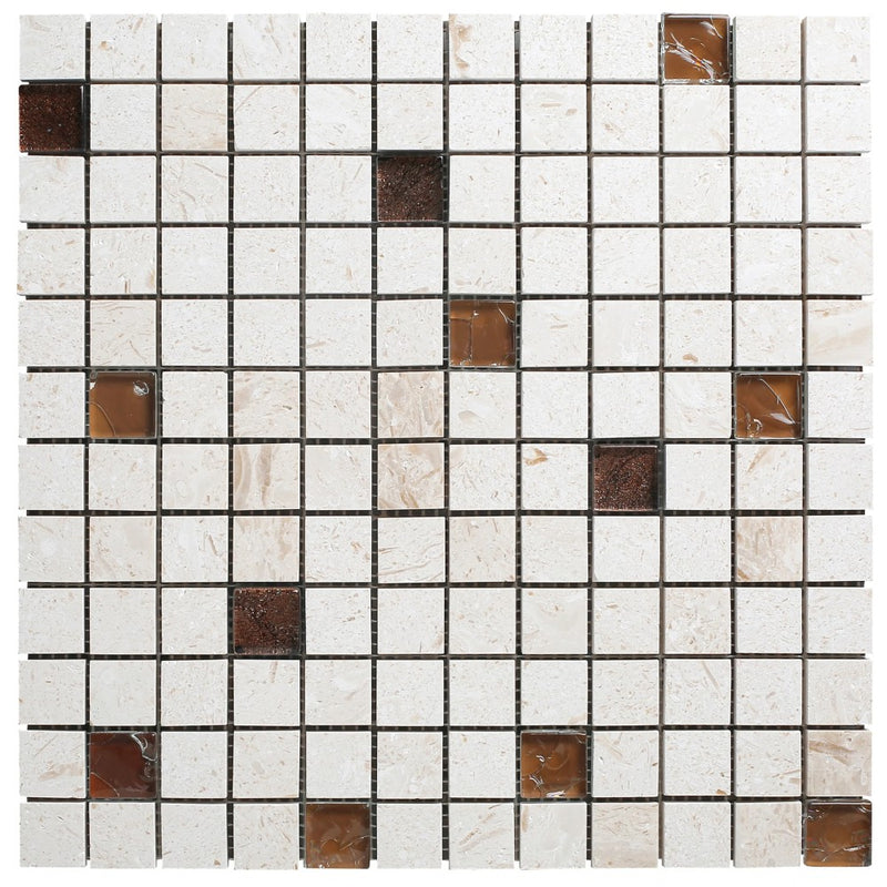Shell Stone Limestone and Brown Glass Mix 1"x1" on 12" x 12" Mesh Mosaic Tile SKU-HSSS1x1GMOSH Mesh view on white background