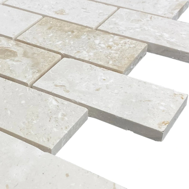 Shell Stone Limestone 2"x4" Brick Honed on 12" x 12" Mesh Mosaic Tile corner view