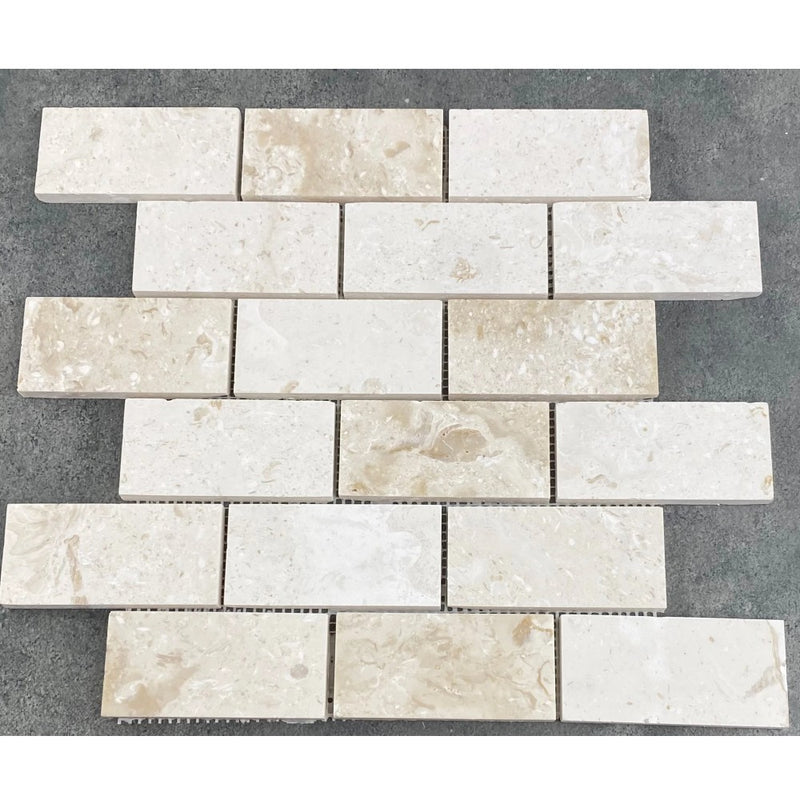 Shell Stone Limestone 2"x4" Brick Honed on 12" x 12" Mesh Mosaic Tile product shot under sunlight