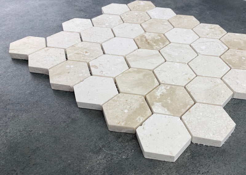 Shell Stone Limestone 2" Hexagon Honed on 12" x 12" Mesh Mosaic Tile