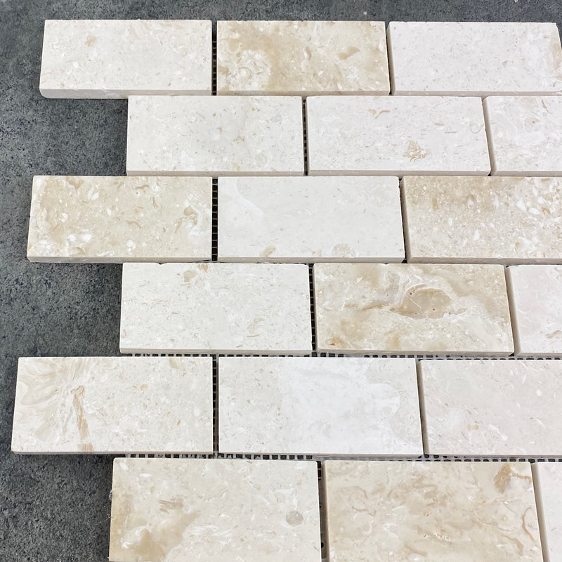 Shell Stone Limestone 2"x4" Brick Honed on 12" x 12" Mesh Mosaic Tile