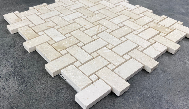 Shell Stone Limestone Basketweave Design on 12" x 12" Mesh Mosaic Tile